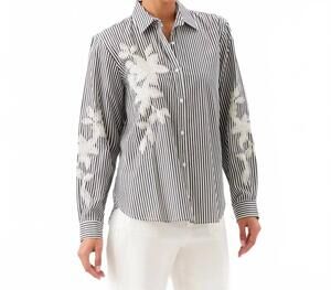 NEW KAREN KANE long sleeve stripe embroidered shirt in black with off white